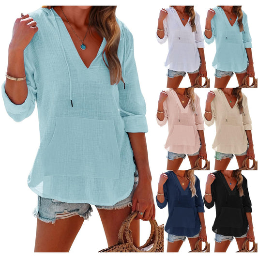 ✨2025 Hot Sale⌛Women's Oversized Hooded Beach Cover Up - Long Sleeve V-Neck Pocket Shirt