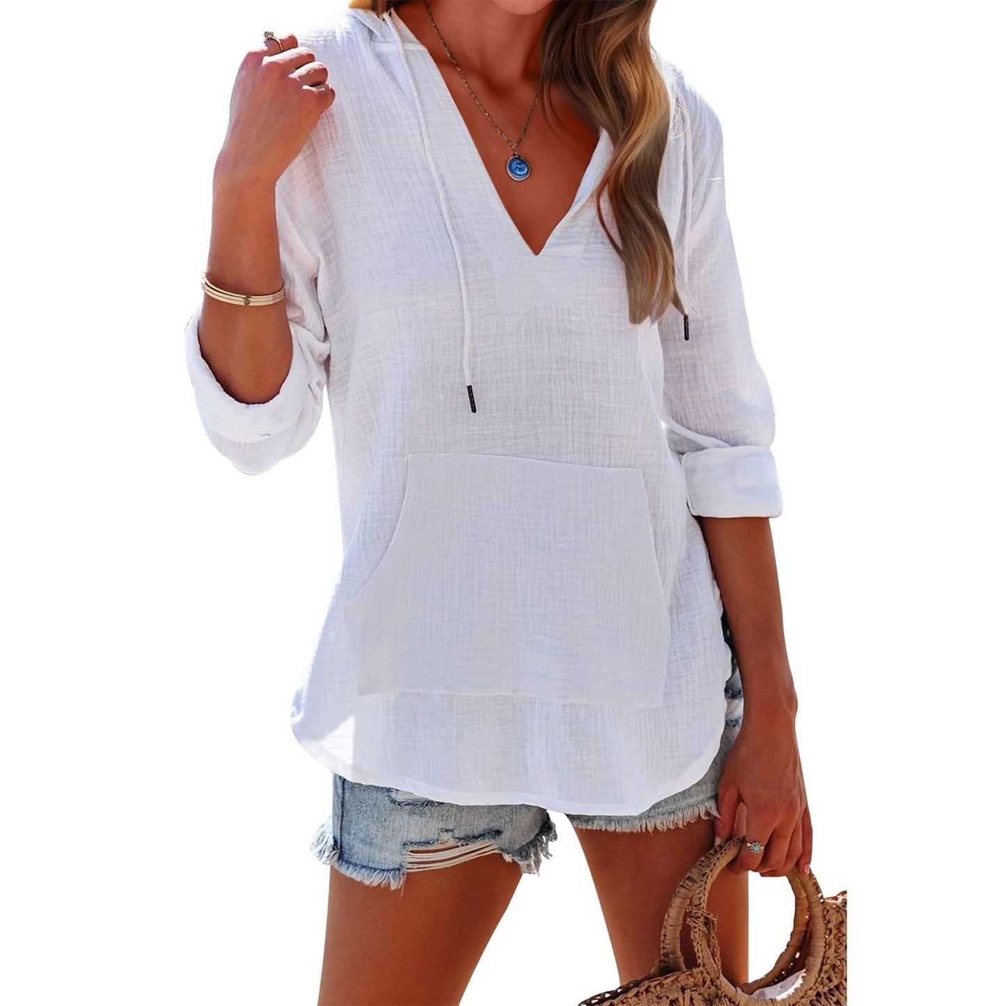 ✨2025 Hot Sale⌛Women's Oversized Hooded Beach Cover Up - Long Sleeve V-Neck Pocket Shirt