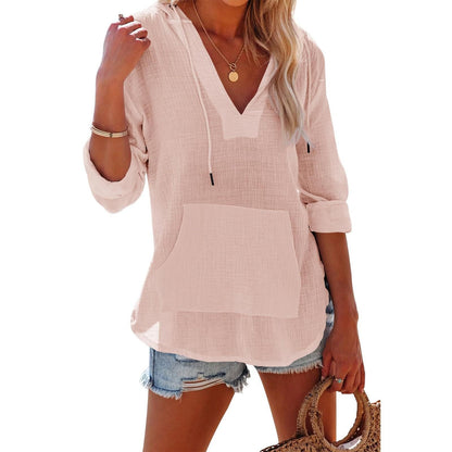 ✨2025 Hot Sale⌛Women's Oversized Hooded Beach Cover Up - Long Sleeve V-Neck Pocket Shirt