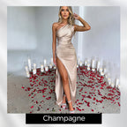 💜 LAST DAY PROMOTION 50%OFF 💜Fits Your Curves Satin One Shoulder Drape Slit Maxi Dress
