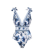 🌸Spring Specials💐 V Neck Lace Up Printed One Piece Swimsuit and Skirt